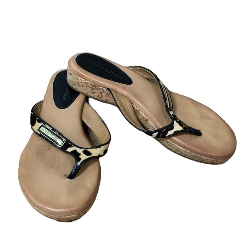 Antonio Melani Jacctwo Leopard Calf Hair Thong Sandals Cork Sole Size 10